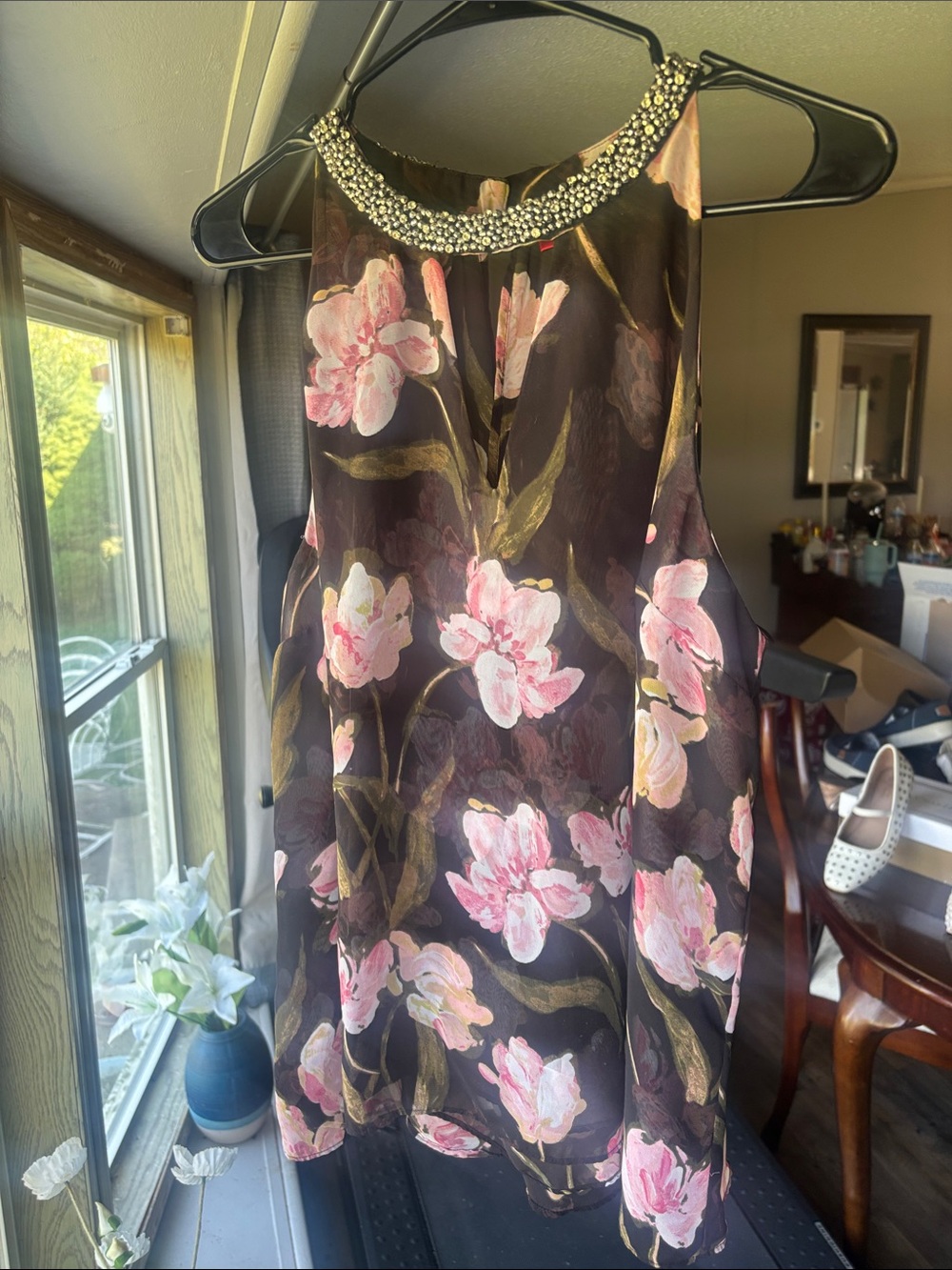 Jennifer Lopez Black High-Low too with Pink Floral Print and Beaded Neckline XL